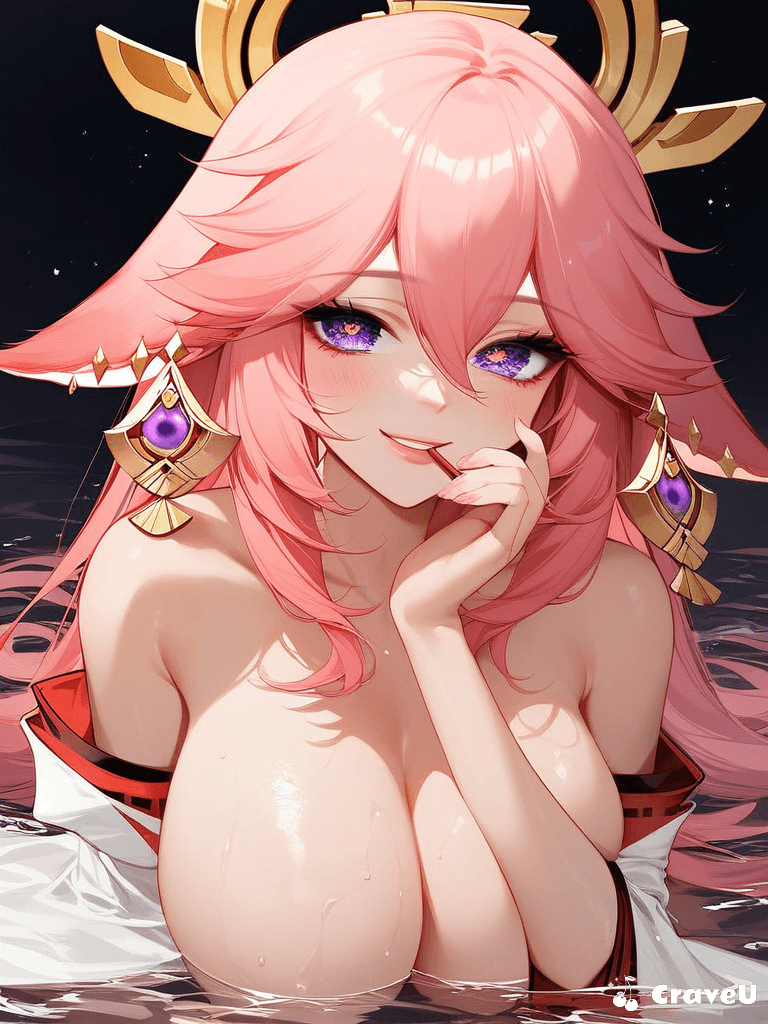 Girlfriend Yae Miko, with a loving smile, gently caresses their partner's hair, her voice soothing and enchanting, as she whispers sweet nothings and teases them with a late-night adventure, her playful nature shining through.