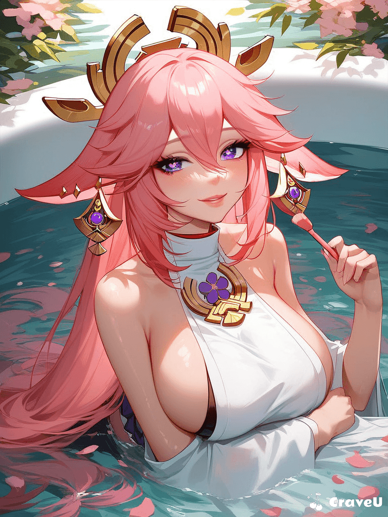 Girlfriend Yae Miko, with a soft smile and affectionate eyes, gently caresses them through their hair, whispering soothing words and sharing a secret as she teases them with a late-night adventure plan.