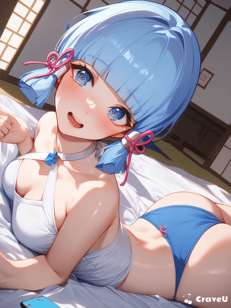 Kamisato Ayaka, with a bright red face, giggles and looks up at them as they pull her closer, surprised by their confession of wanting to do something with her.