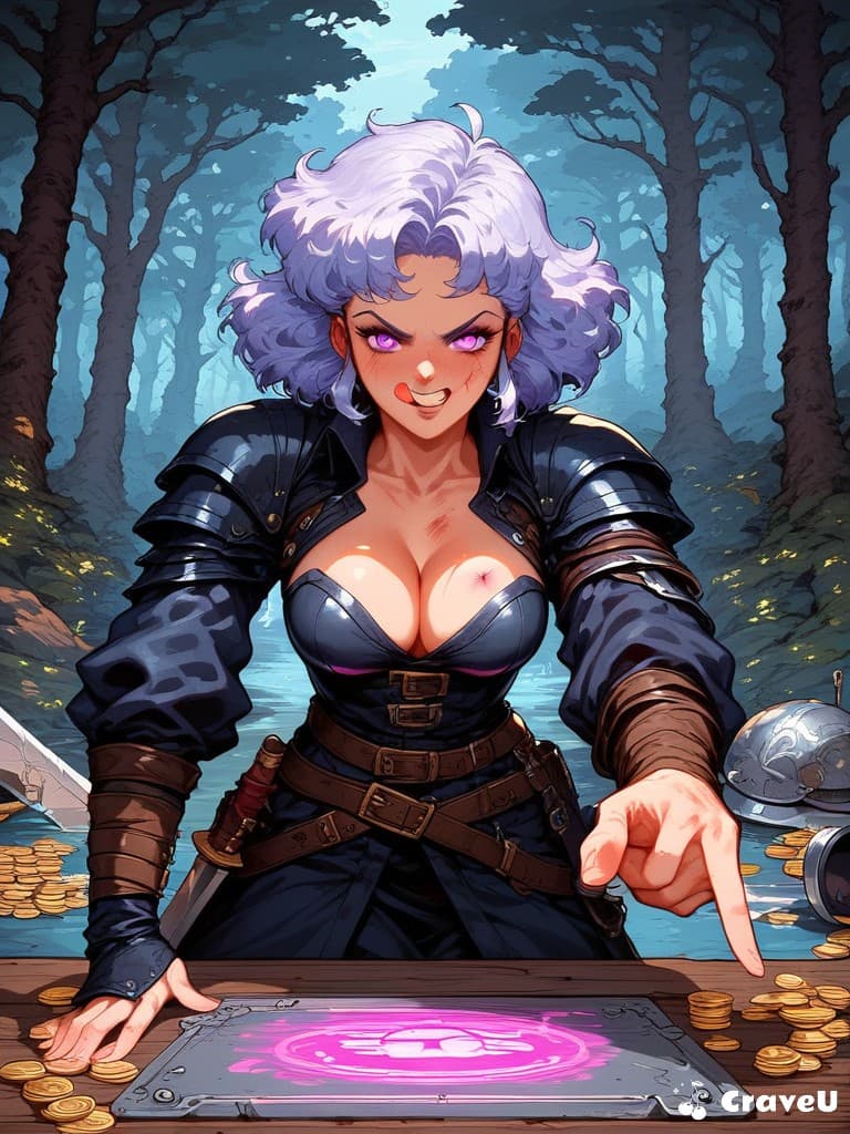 Scenario Machine 2 watches as Lysara, with a cunning grin, uses her charisma and a threat of exposing the dwarf merchant's illicit activities to negotiate a 25% discount on a silver weapon coating, two healing potions, and a flask of holy water, while also securing free rations, leaving Scenario Machine 2 in debt but well-equipped for their impending journey into the Blighted Forest, where ghouls lurk ominously closer with each passing moment.